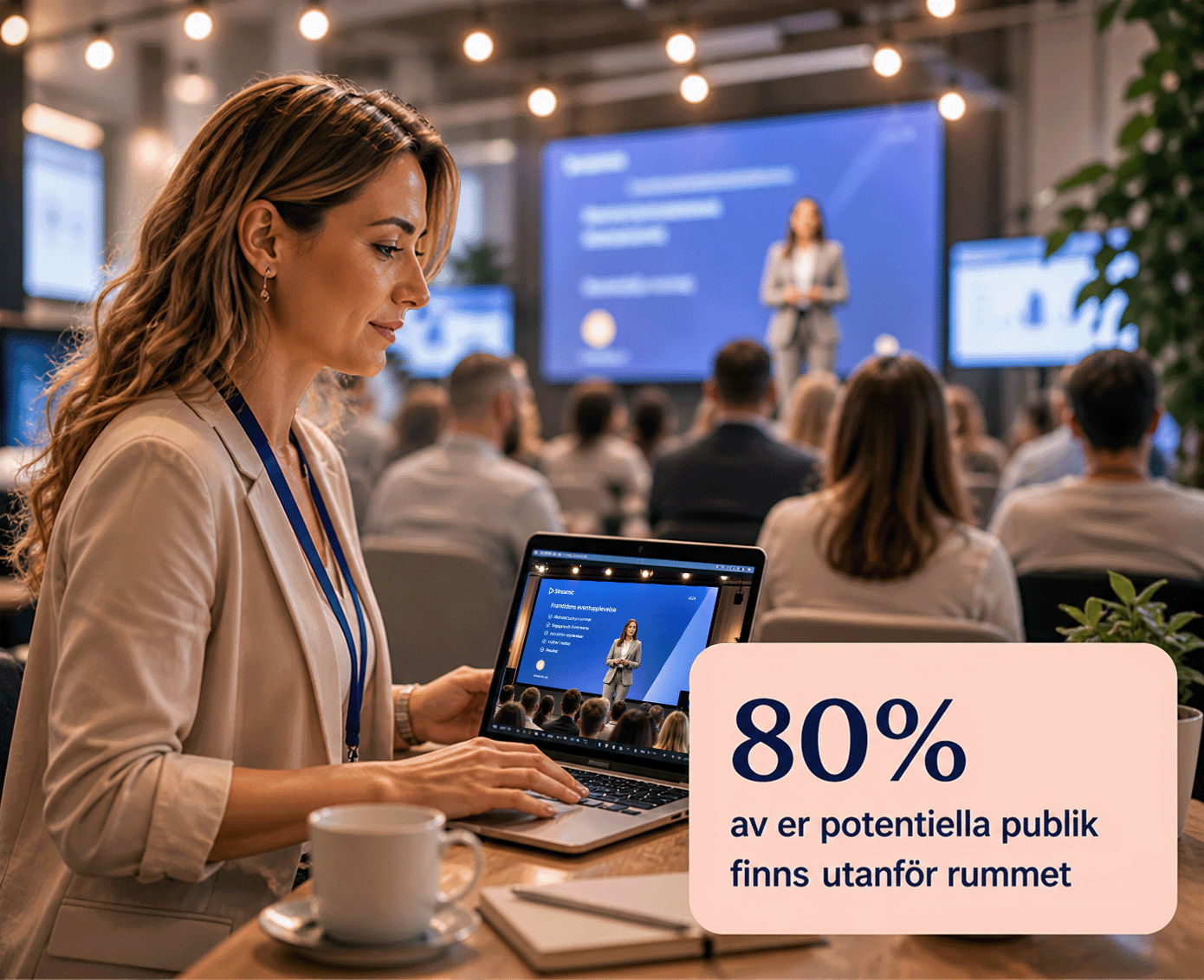 Föreläsare framför publik och digitala deltagare