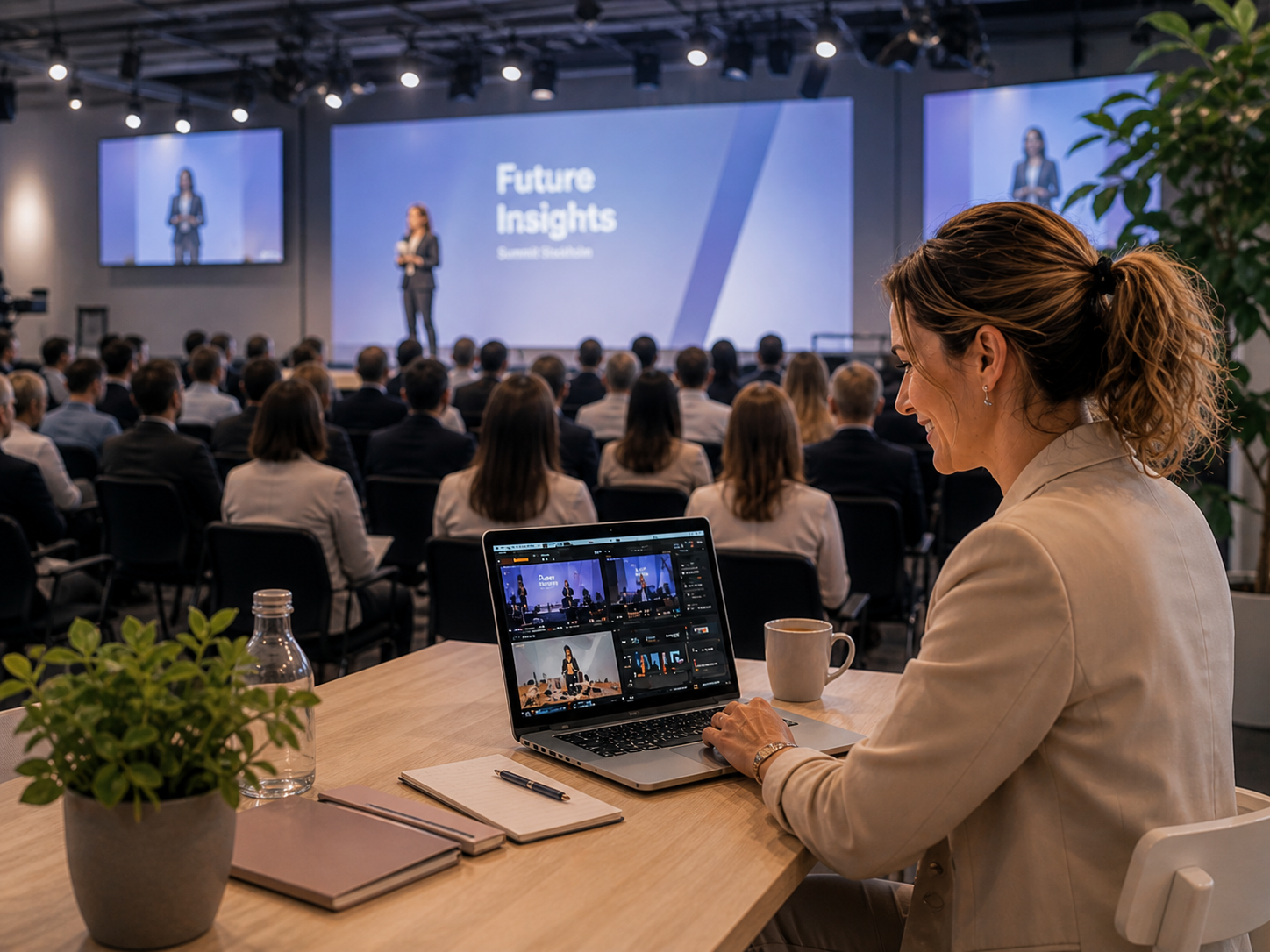 Eventansvarig som följer en streamad konferens